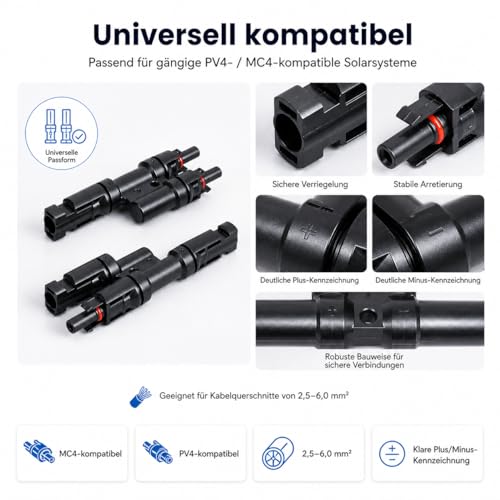 Sekesoer Solar Y Kabel 6mm², Y Stecker Solar Paar, Solarkabel Y Verteiler, PV Y Stecker Module Balkonkraftwerk (2-Fach Verteiler)
