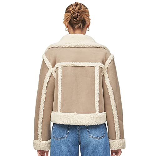 Yembulk Women's Wool Faux Fur Jacket Patchwork Sherpa Lined Jacket Faux Lambs Pea Coat Winter Warm Fleece Sherpa Jacket Short Wool Coat For Women Long Sleeve Outwear With Pockets Brown White #TOP1