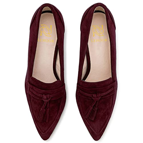 LEHOOR Women Chunky Block High Heel Suede Pumps Pointed Closed Toe Slip On Dress Loafers with Tassel 3" Thick Heel Fringed Pumps for Office Ladies Girls Work Shoes Elegant Comfortable Spring 4-11 M US4