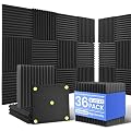 Focusound 36 Pack Sound Proof Foam Panels, 1" x 12" x 12" Acoustic Foam Panels for Wall High Density Soundproofing Wedge Panels for Music Studio Office Game Room with 180PCS Double-Side Adhesive