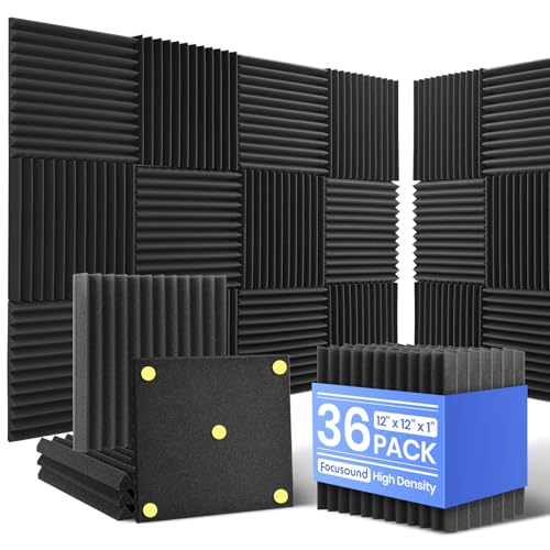 Focusound 36 Pack Sound Proof Foam Panels, 1" x 12" x 12" Acoustic Foam Panels for Wall High Density Soundproofing Wedge Panels for Music Studio Office Game Room with 180PCS Double-Side Adhesive