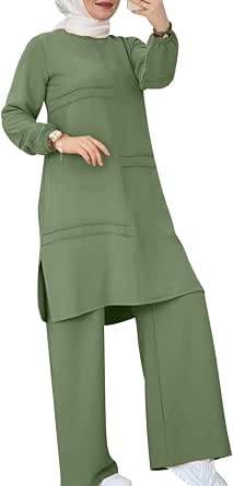 Abayas Dress for Women Muslim Long Sleeve Loose Top and Wide Leg Pants 2-Piece Set