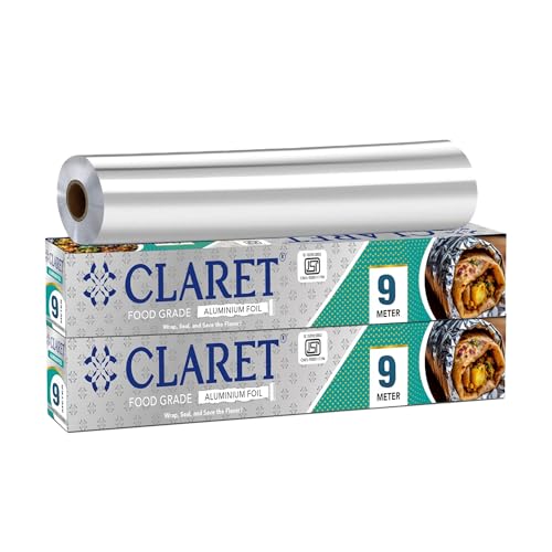 Image of Claret Food Grade Aluminium Foil Roll | 9 Meter | Kitchen Foil for Wrapping Roti Snacks Lunch | Safe & Hygienic Foil for Everyday Use (Pack Of 2)