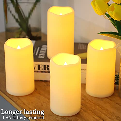 Lezonic Outdoor Waterproof Flameless Pillar Candles, Led Battery Operated Candles With Timer And Remote, Pack Of 4 Ivory Flickering Flameless Candles Warm Yellow Light(D:3.25×H:6) For Lanterns #TOP4