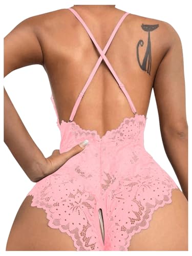 Image of SOLY HUX Women's One Piece Lingerie Sexy Lace Babydoll Deep V Teddy Criss Cross Backless Teddy Mini Bodysuit