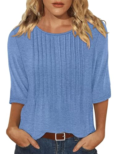 KISSMODA Tunic Tops for Women Loose Fit Dressy Round Neck Pleated 3/4 Length Sleeve Spring Tops