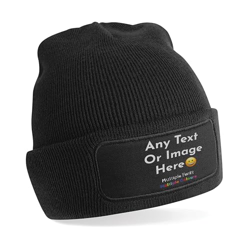 Custom Black Patch Beanie Hat – Personalised Beanie Hats for adult Custom Hat with Logo, Customised Gifts Christmas Birthday