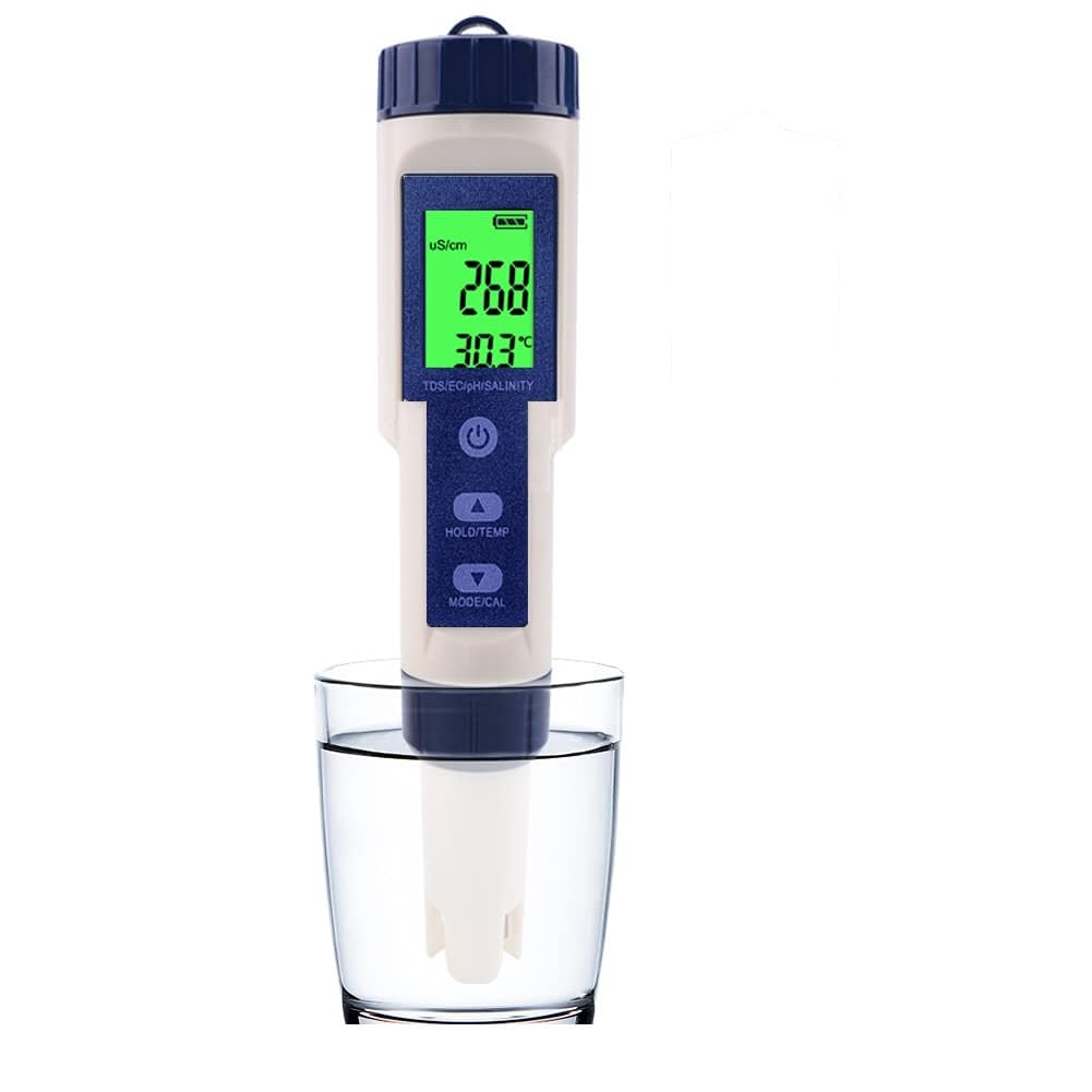 pH Mètre 5 en 1, Testeur de Qualité de l'Eau pour pH/TDS/EC/Salinité/Température, pH Mètre Numérique avec LCD Rétroéclairé et Étalonnage Automatique pour Eau Potable, Hydroponie, Piscine, Aquarium