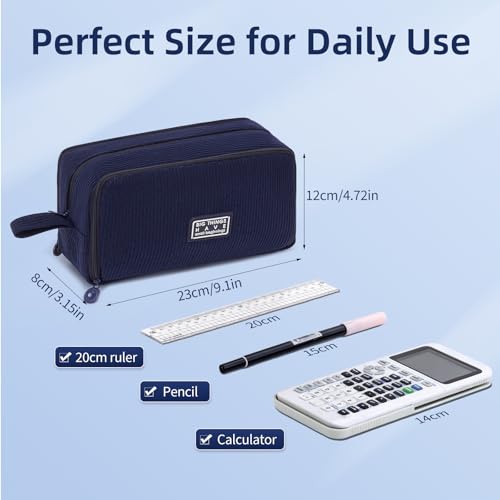 Byitin Trousse 3 Compartiments, Grande Capacité Trousse Crayons, Velours Sac de Papeterie Organisateur, Portable Pencil Case pour L'école, Bureau et Voyages, Bleu Marine – vue 3