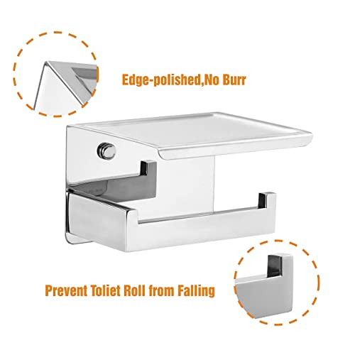 Hitslam Chrome Toilet Paper Holder, Stick On Toilet Paper Holder With Shelf, Self Adhesive Modern Toilet Paper Holder Or Wall-Mount Tissue Roll Holder With Storage Shelf With Screws For Bathroom #TOP6