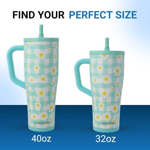 Image of Ice Shaker 40 oz Tumbler with Handle and Straw | 40oz Daisy| Cold for 30+ Hours | 2-in-1 Tumbler Shaker Bottle | Odor-Free 40 ounce Bottle for Water, Protein Shakes, Smoothies, Cocktails
