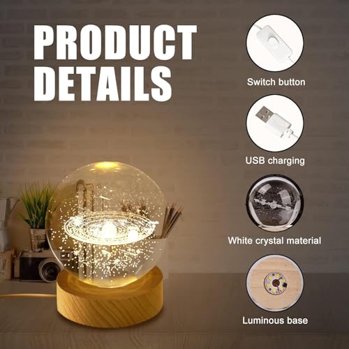 Image of UCRAVO 3D Galaxy Crystal Ball with Wooden Base, 3D Solar System, Planet Engraved Glass Ball Cosmic Model, Luminous Crystal for Christmas Nightlight Astronomy Gifts for Kids Birthday