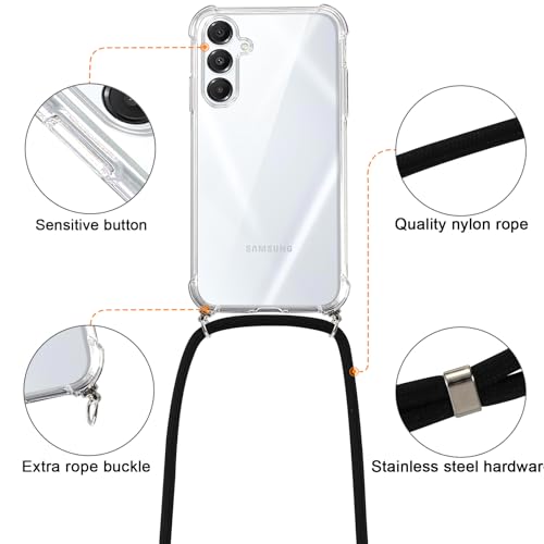 Micnkifo Handyband Hülle mit Band für Samsung Galaxy A16 5G, Necklace Handyhülle mit Kordel Schutzhülle für zum Umhängen, Transparent TPU Case Stoßfest Kratzfest Silikon Cover mit Kette, Schwarz