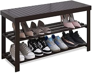 SMIBUY Sturdy Bamboo Shoe Rack Bench, 3-Tier Shoe Organizer, Storage Shelf for Entryway Hallway Bathroom Living Room (Dark Brown)