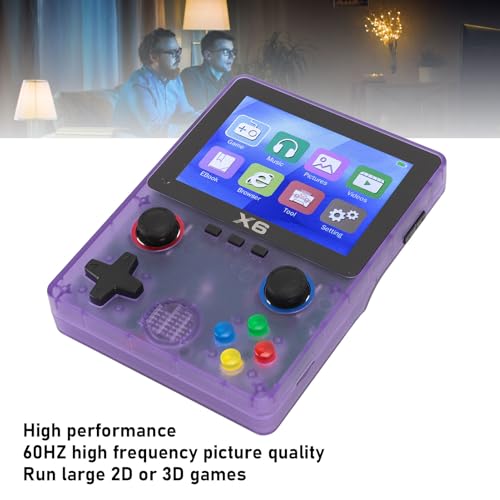 デュアル 3D ロッカー付き X6 ハンドヘルド ゲーム コンソール、3.5 インチ IPS スクリーン レトロ ゲーム コンソール - 11 エミュレータ サポート、10000 以上のゲーム内蔵、2 プレイヤー サポート (32G) (透明な紫色)