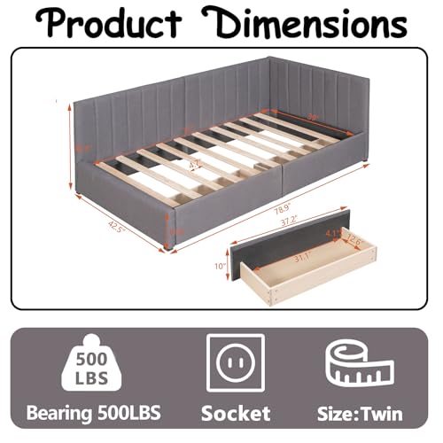MWrouqfur Twin Corner Daybed with 2 Storage Drawers,L Shaped Day Bed with Upholstered Armrest,Modern Sofa Bed Frame,Linen Fabric,No Box Spring Needed (Gray)