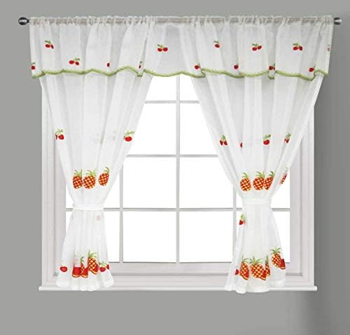 Householdfurnishing Embroidered Kitchen Window Pair Curtains Set Rod Pocket with Attached Valance & Tiebacks (Yellow White, W 48 x L 36 Inch)