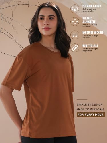 Image of CHKOKKO Oversized Round Neck Drop Shoulder Solid Polyester Full Sleeves T-Shirt for Women