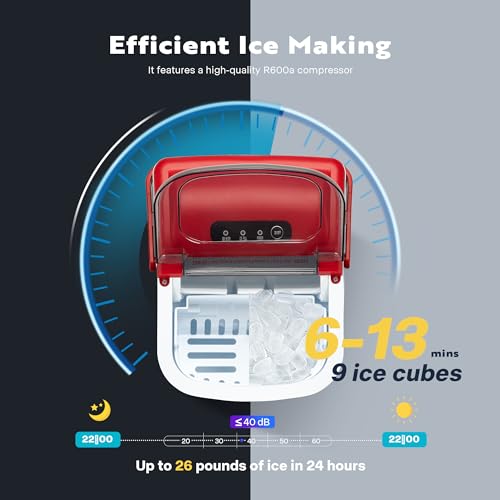 Image of VIVOHOME Countertop Ice Maker with Handle 26lbs /Day 9 Ice Cubes in 6 Mins Portable Ice Maker Machine 10 Ice Bags and Self Cleaning Ice Cube Maker Red