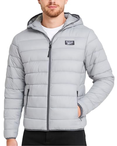 Reebok Mens Puffer Jacket - Lightweight Quilted Glacier Shield Plus Size Puffer Jackets for Men - Insulated Mens Winter Coats, Size Small, Ice Grey
