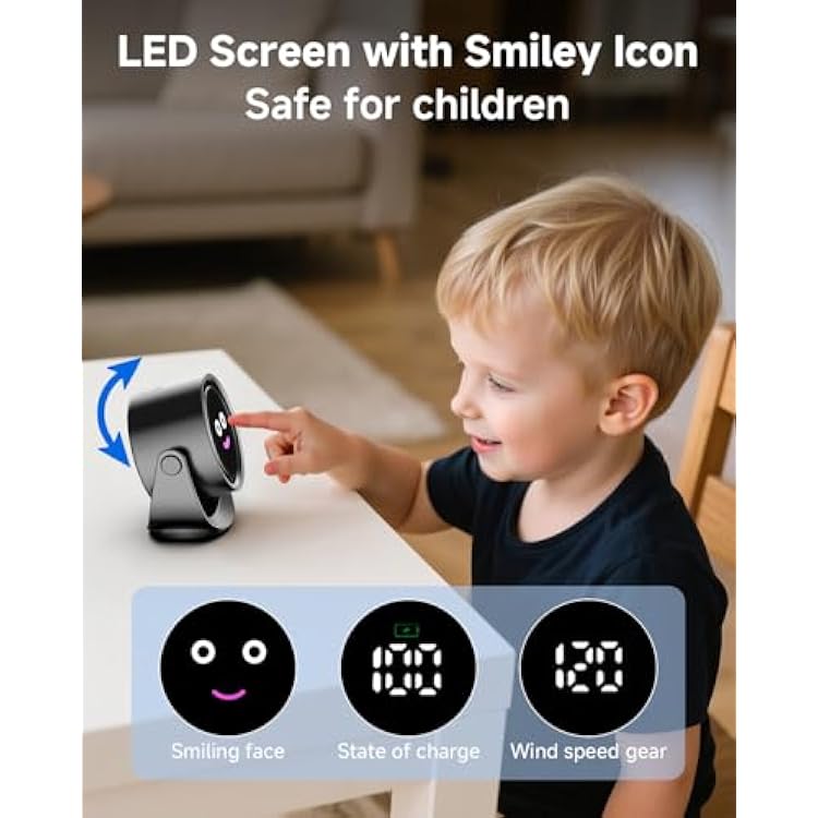 YOSHENMO Portable Desk Fan for Bedroom, Turbo Table Fans with smile icon LED Display, 6-inch, 5-Speed Strong Airflow, Low Noise, 360 Adjustable Tilt, Suitable for Home, Office, Outdoor, Ink Black