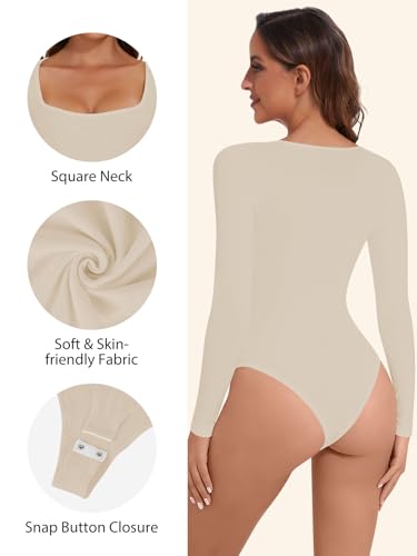 Joyshaper Women Bodysuit Square Neck Long Sleeve Body Suit Ladies Leotard Tops Jumpsuit Beige,M