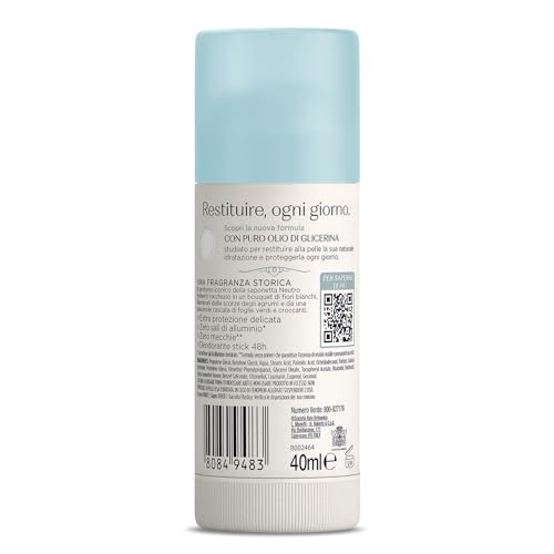 Neutro Roberts, Deodorant Stick Fresco, Zero Aluminiumsalze, keine Flecken, mit reinem Glycerinöl, Deodorant für Damen und Herren, dermatologisch getestet, Format 40 ml, 48h