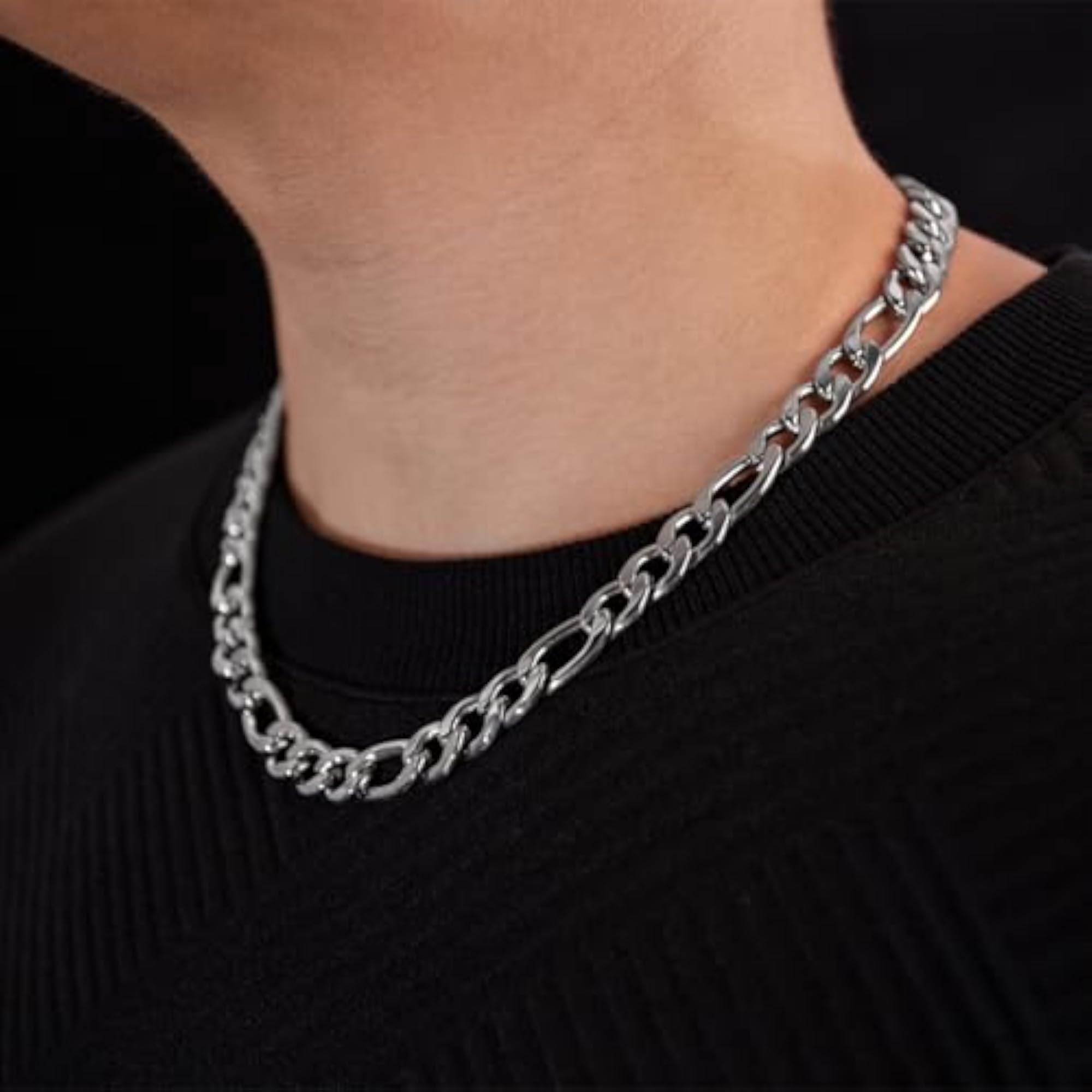 Silver Plated Fancy Figaro Link Chain for Men and Women