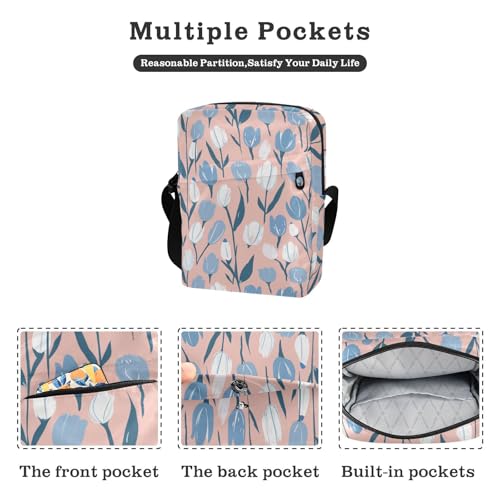 KLL Blue and White Tulips Pastel messenger bag Vegan Leather mens crossbody Travel Shoulder Hand Bag For Woman2