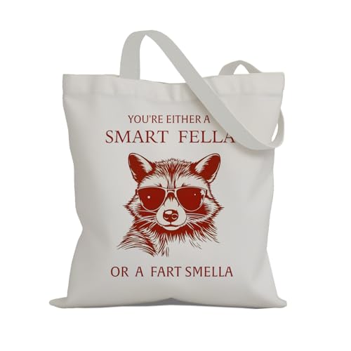 EVER-GOING TUNE Humorous Raccoon Canvas Tote Bag, You're Either a Smart Fella or a Fart Smella Funny Raccoon Tote Bag, Reusable Grocery Bag for Men & Women Shopping Work Travel.