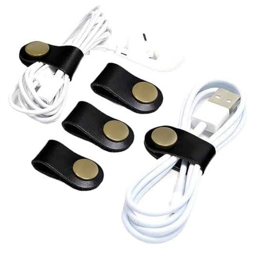 5pc Cable Straps Cable Organizer USB Holder Headphone Wrap Clip Strap Leather Storage Case Gift for Men Christmas Stocking Stuffer (Black)