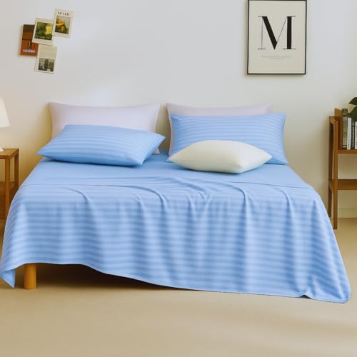 Image of Sofrito Bed Sheet Glace Cotton Striped - 300 TC - Queen (90 inchx108 inch) - with 2 Pillow Cover | Ideal for Hospitals, Clinics, Hostels, PGs, Hotels & Guest Houses | Sky Blue