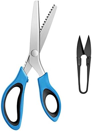 KUONIIY Pinking Shears, Zig Zag Scissors Set, Professional Serrated Scissors for Cutting Fabric, Suitable for Tailor, Including 9.4 inch Pinking Shears, 4.1 inch Thread Cutter, Blue Black