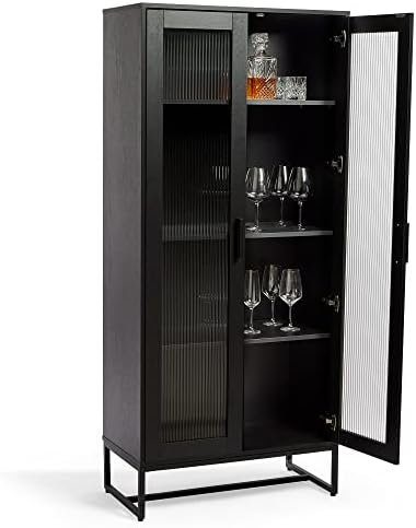 Spinningfield 2 Door Display Cabinet - Display Case w/Fluted Glass Doors - Wood Effect Luxury Sideboard w/Shelving - Kitchen, Living Room & Hallway Storage - Black - Ardwick Range