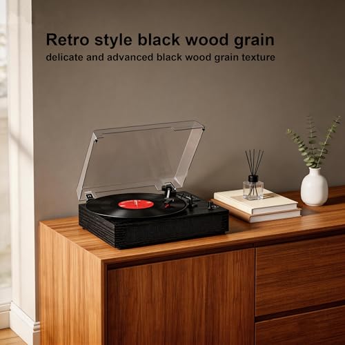 Image of Vinyl Record Player with Bluetooth, 3-Speed Belt-Drive Turntable with Built-in Speakers, Easy Setup for Beginners, USB Recording, RCA /AUX /Headphone Jack, Classic Black Wood Design