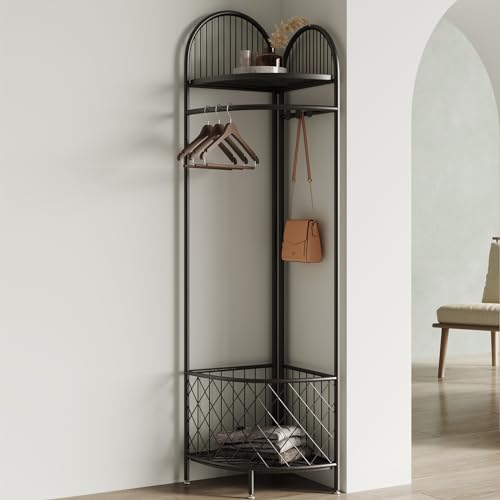 BUZUEY Corner Coat Rack with Storage and hooks,Hall Tree Metal Corner Clothes Rack for Home, Bedroom, Living Room, Entryway (black)