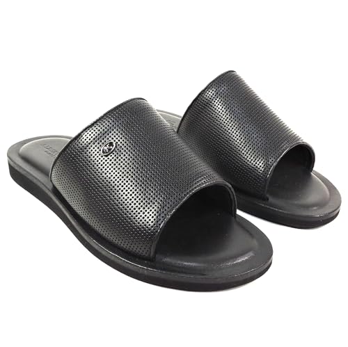 Men's Perforated Leather Slide Sandals, Black, Comfort Flat Summer Style, Size 42.5 Made in Italy2