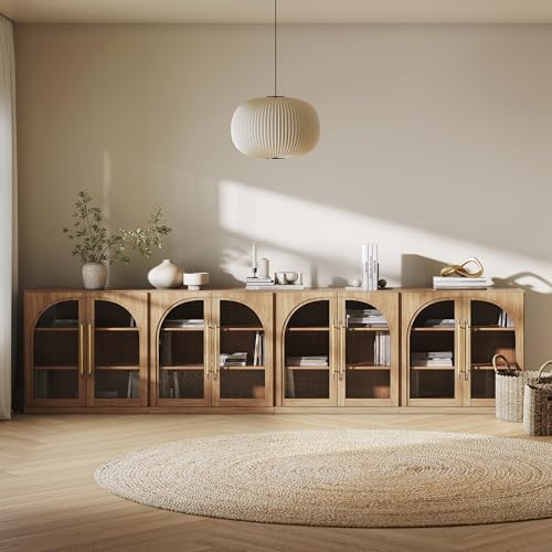 Image of BELLEZE Set of 4 Modular Sideboard with Arched Glass Door, 130'' Accent Display Buffet Cabinet with Storage and Adjustable Shelves,Classic Modern Credenza for Living Room Kitchen Entryway (Camel)