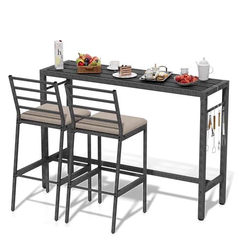 AeasyG Ensemble de bar d'extérieur pour terrasse, table de bar de 139,7 cm avec barres, avec 2 tabourets, barre en métal pour l'extérieur M Bel-Set