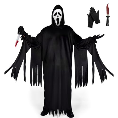 Ulikey Halloween Ghostface Costume Set, Déguisement Scream Adulte avec Gants Noirs, Masque Scream, Couteau Jouet, Costumes Horreur Adultes pour Halloween, Carnaval, Cosplay Party (M)