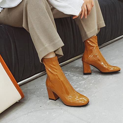 VOKLIN Women's Square Toe Dressy Ankle Boots Patent Leather Zipper Chunky High Heel Western Short Booties3