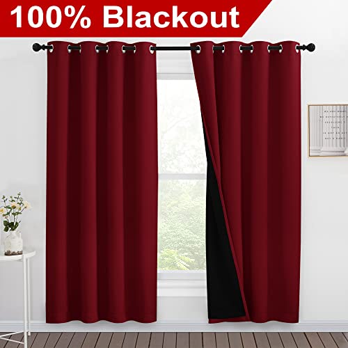 Image of NICETOWN Living Room Completely Shaded Draperies, Privacy Protection & Noise Reducing Ring Top Drapes, Black Lined Insulated Window Treatment Curtain Panels(Burgundy Red, 2 Pieces, W55 x L78)