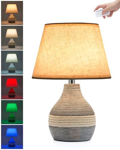UMEXUS 10β Small Ceramic Cordless Table Lamp with Timer, Dimmer, Linen Shade, Remote Control, Rechargeable Battery Light for Patio Nightstand Kitchen Counter Living Room Side Table, Bulb Included