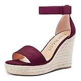 Aachcol Women Wedge Sandals Ankle Strap Platform Open Toe High Heel Classic Cute Dress Shoes 4 Inch, Burgundy Wine Red Suede, 6