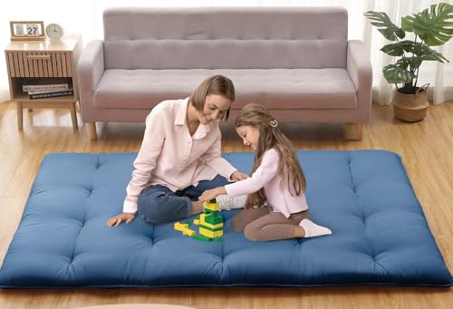 Image of Deevine Craft Quilt Cotton Floor Bed Mattress, Foldable, Rollable Movable Single Bed Comfort Gadda 1 Sleeping Capacity, Navy Blue, 72X30X5 Inches