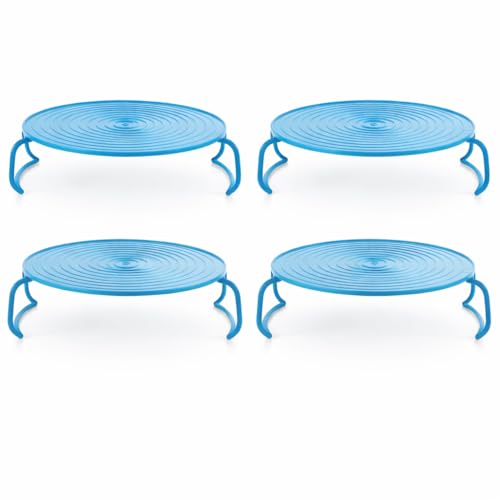Image of Questsole Stackable Microwave Shelf, Blue, Food Grade Plastic, Space Saving Kitchen Organiser, Refrigerator Storage Rack (4, Blue)
