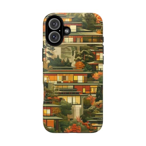 Coque iPhone 16 Plus paysage automne architecture moderne rigide brillante orange