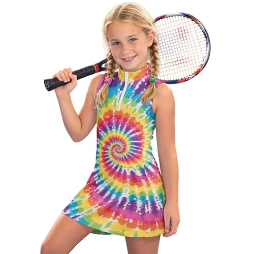 Boatee Girls Sleeveless Tennis Golf Dress Rainbow Tie Dye 4-Way Stretch Moisture Wicking Fabric with Built-in Pockets for Golf,Tennis,Pickleball,Casual Wear All-Day Comfort