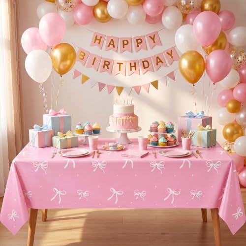 Image of 3 Pack Coquette Pink Bow Plastic Tablecloth, Pink and White Tablecloth