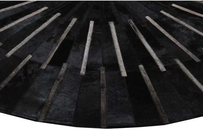 Image of Round Leather Area Rug, Cowhide Soft Hair Suede Leather Carpet, Luxury Sun Rays Stripes Patchwork Round Rug, Non Slip Floor Accent, Ideal for High Traffic Areas in Living Room, Color: Black (8x8 ft)